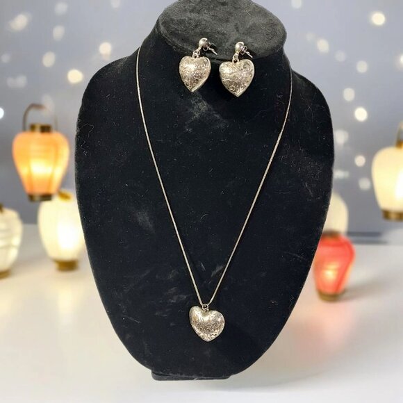 Unbranded Jewelry - Heart Pendant 80's Tooled Puffed Pewter Silver Color Necklace & Earrings
